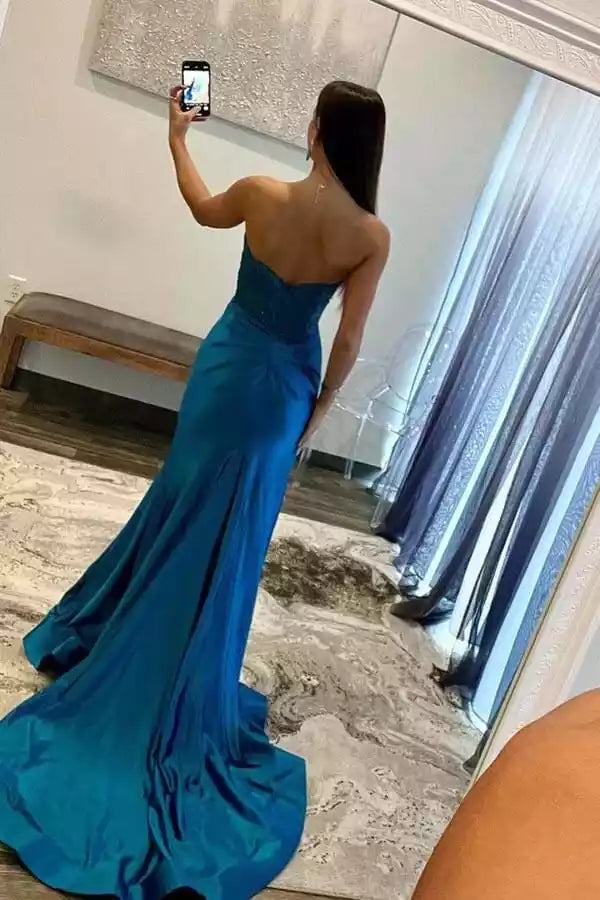 Glamorous Teal Satin Strapless Gown with Embellished Bodice
