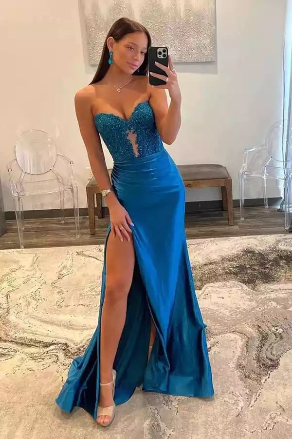 Glamorous Teal Satin Strapless Gown with Embellished Bodice