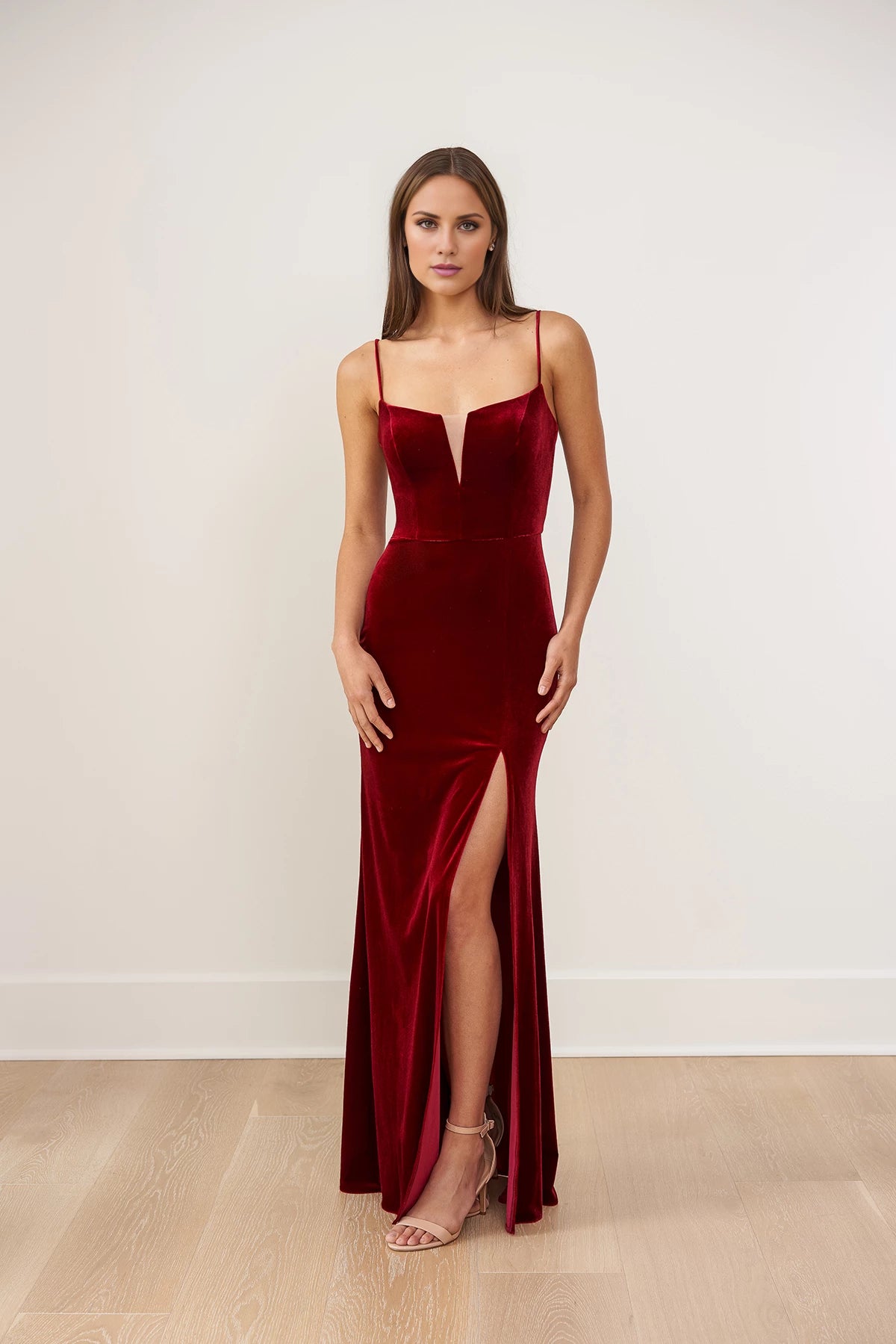 Glamorous Velvet Fit and Flare Gown with V-Notch Square Neckline and Spaghetti Straps Bridesmaid Dresses