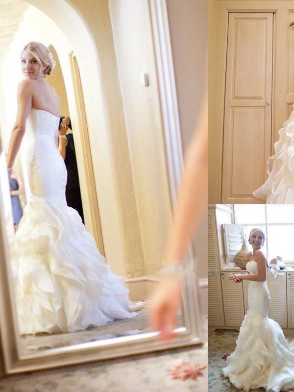 Glamorous satin organza strapless sweetheart neck floor length wedding dress with ruffled tiered skirt and train
