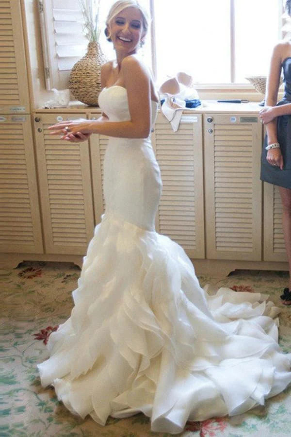 Glamorous satin organza strapless sweetheart neck floor length wedding dress with ruffled tiered skirt and train