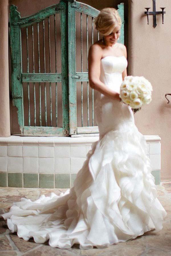 Glamorous satin organza strapless sweetheart neck floor length wedding dress with ruffled tiered skirt and train
