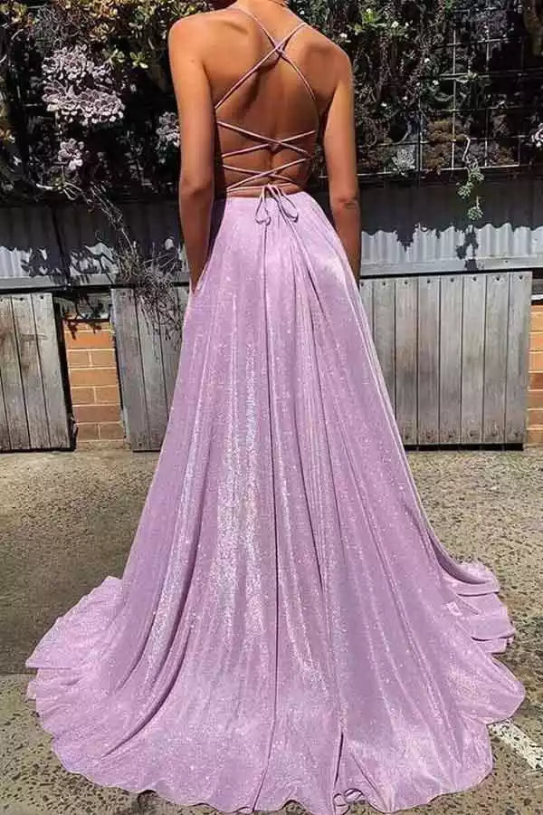 Glimmering Lavender Sequin Gown with Crisscross Back & A-Line Silhouette