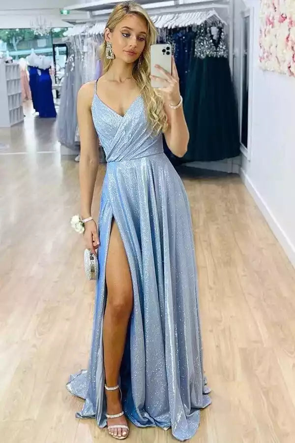 Glimmering Sky Blue Sequin Gown with Crisscross Back & High Slit