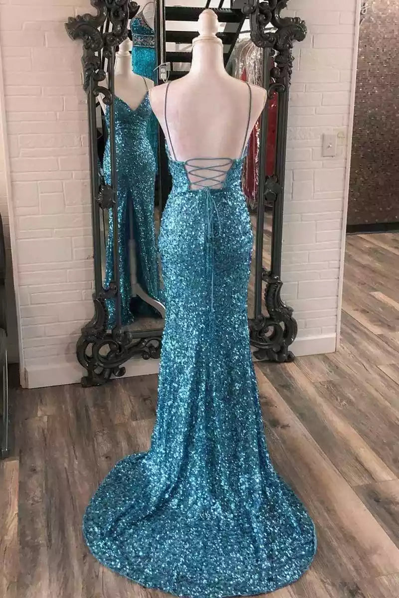 Glimmering Turquoise Sequin Mermaid Gown with Crisscross Back & Deep V-Neck