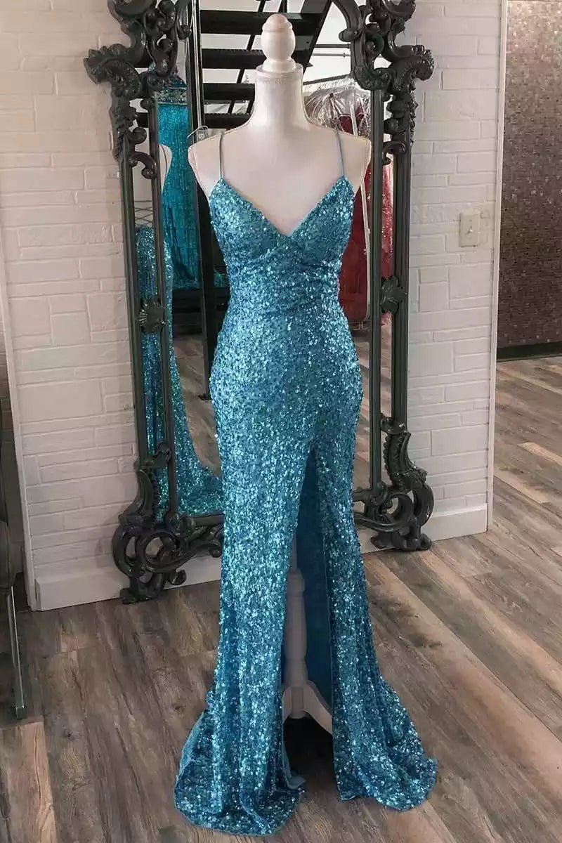 Glimmering Turquoise Sequin Mermaid Gown with Crisscross Back & Deep V-Neck
