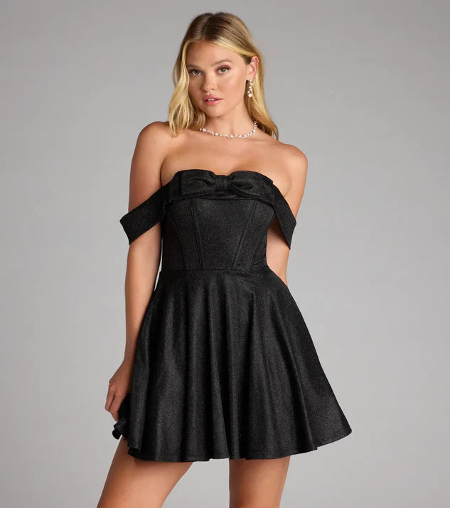 Glitter Bow Off-The-Shoulder Skater Dress Homecoming Dresses