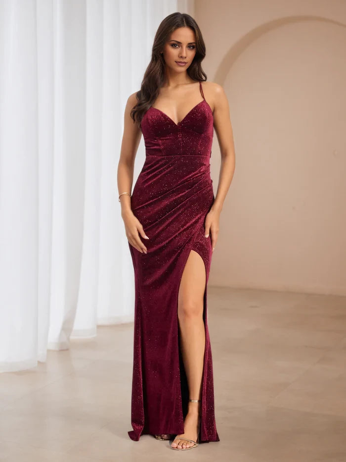 Glitter Burgundy Open Back Long Prom Dresses with Split