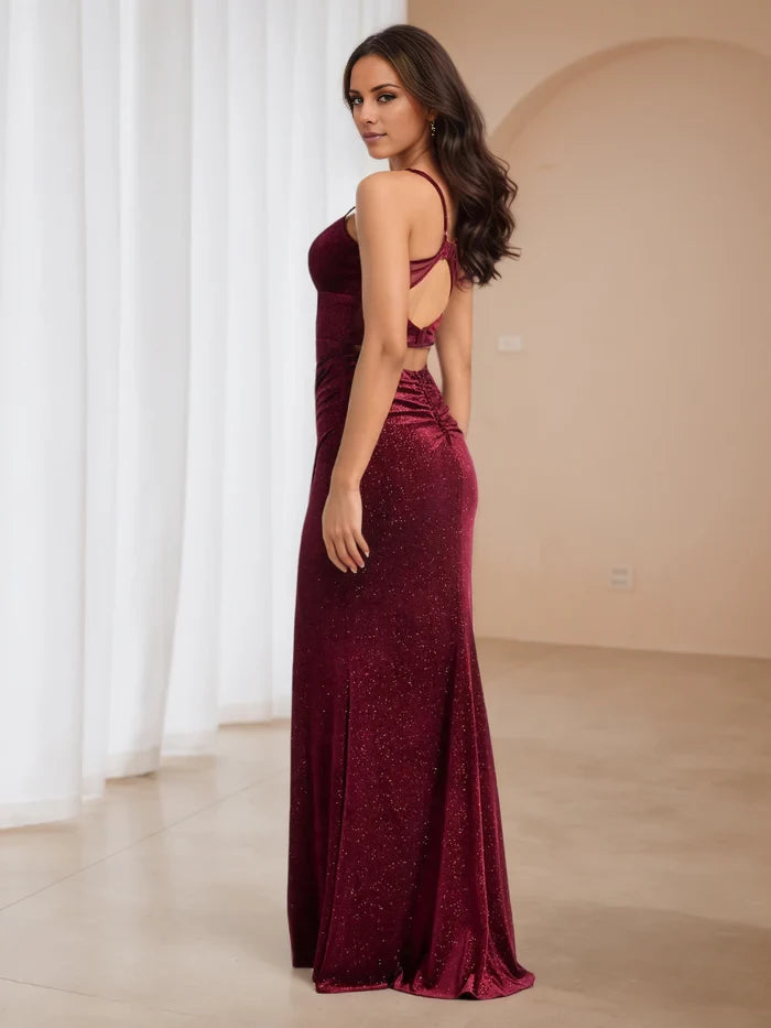 Glitter Burgundy Open Back Long Prom Dresses with Split