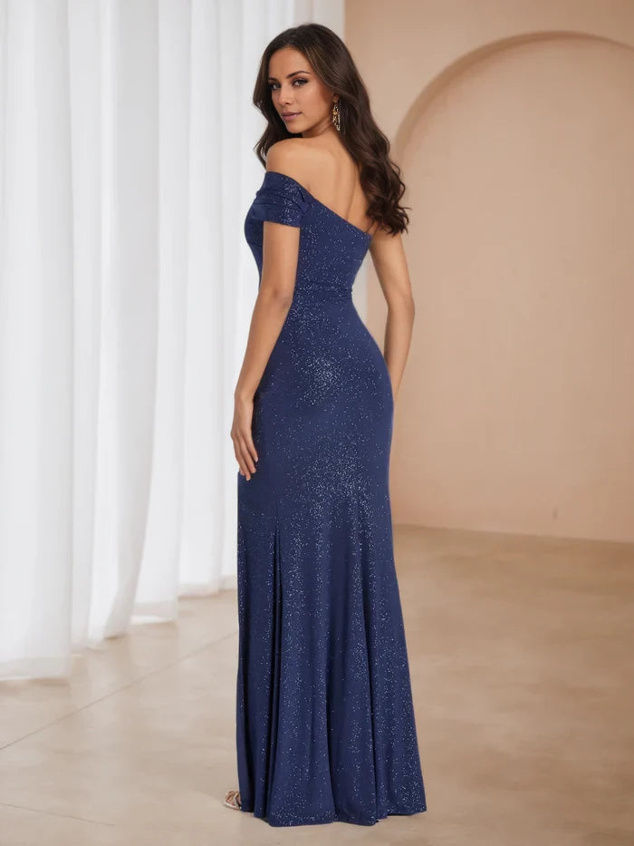 Glitter One-Shoulder Dark Navy Prom Prom Dresses