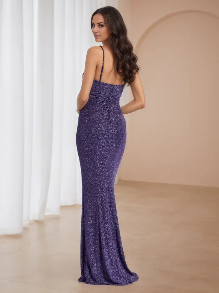 Glitter Purple Spaghetti Straps Prom Dresses with Split