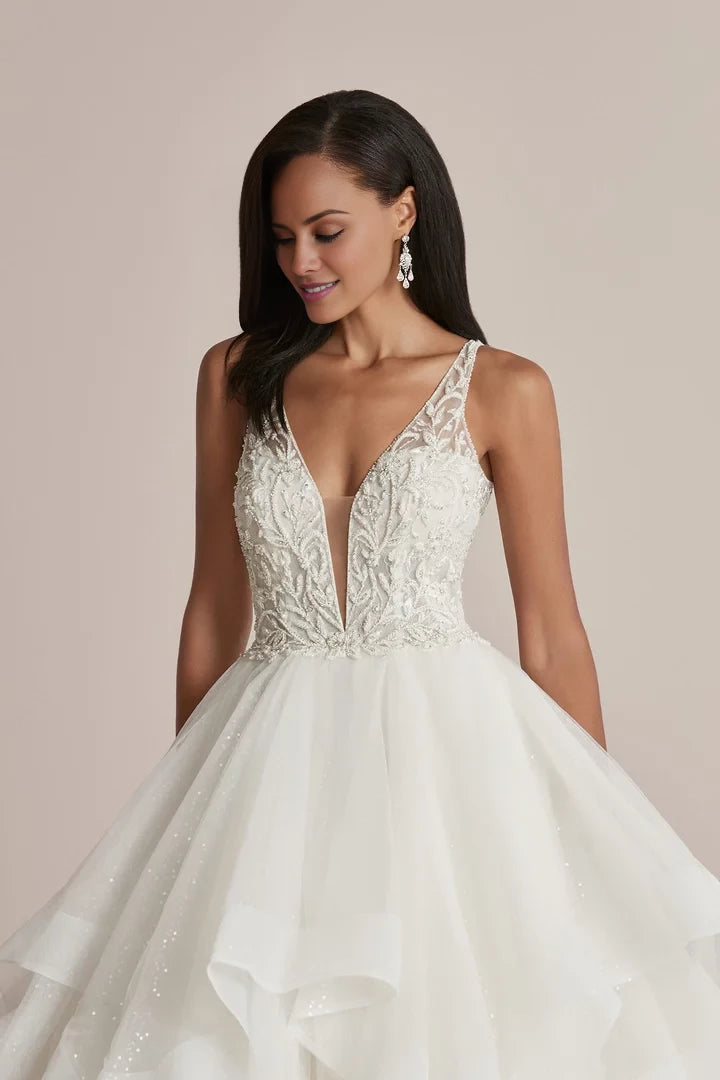 Glitter Tulle Ball Gown with Ruffle Skirt and Plunging V-Neckline Wedding Dresses