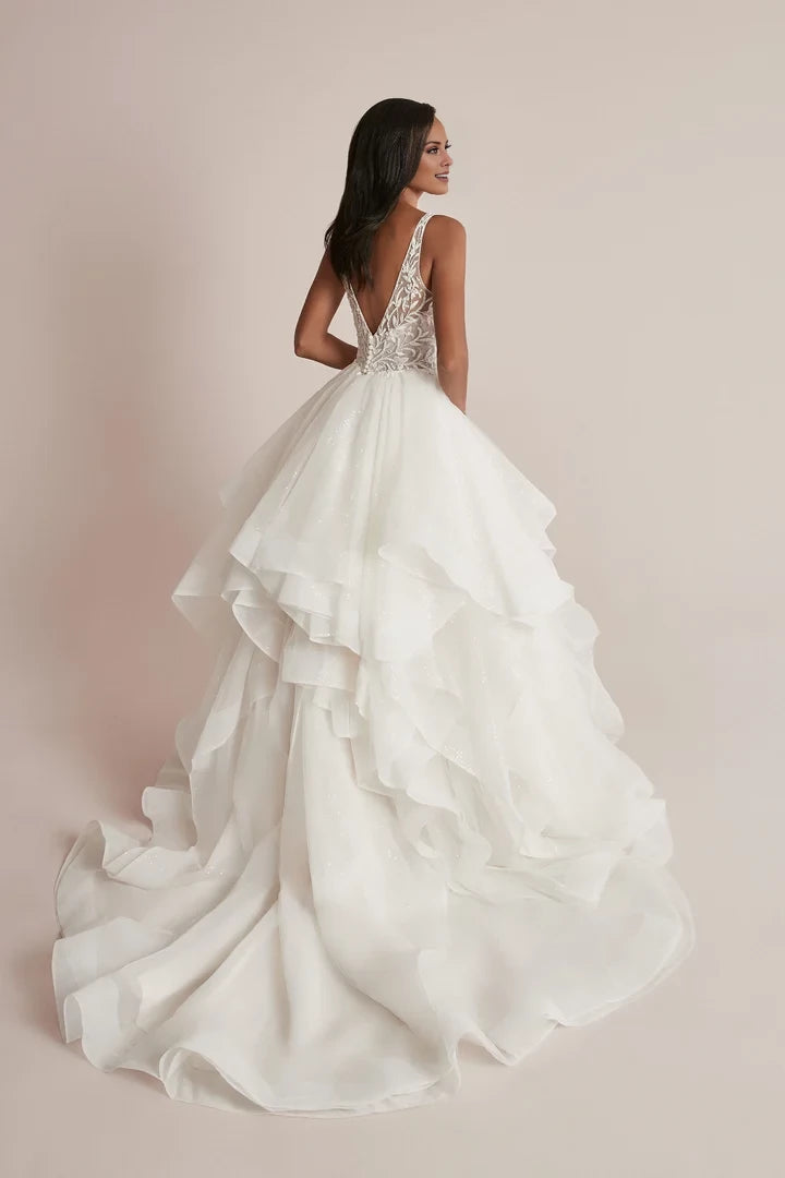 Glitter Tulle Ball Gown with Ruffle Skirt and Plunging V-Neckline Wedding Dresses