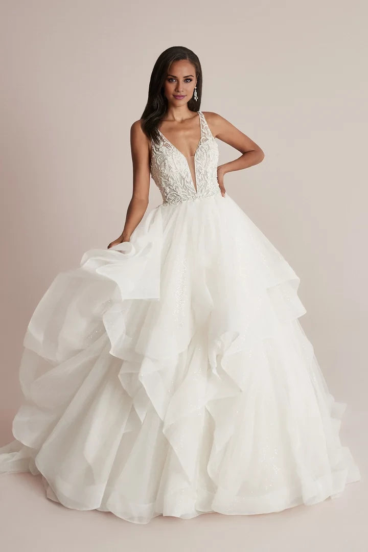 Glitter Tulle Ball Gown with Ruffle Skirt and Plunging V-Neckline Wedding Dresses