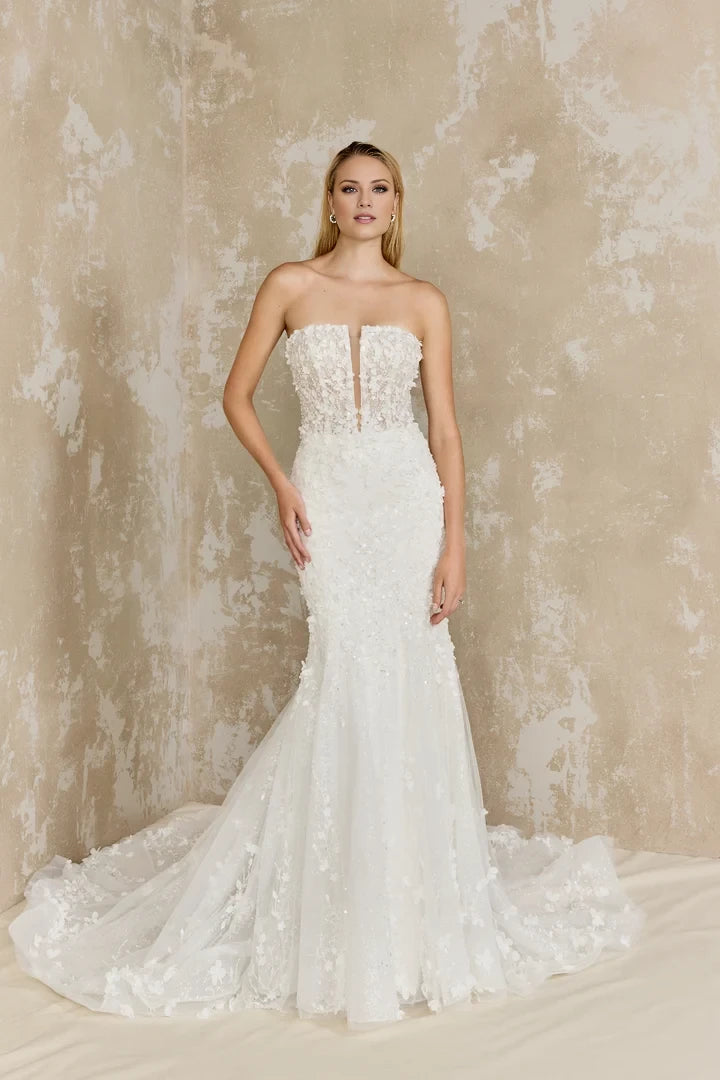 Glitter Tulle Fit and Flare with Strapless Plunging Notch Neckline Wedding Dresses