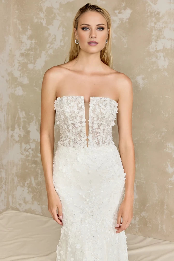 Glitter Tulle Fit and Flare with Strapless Plunging Notch Neckline Wedding Dresses