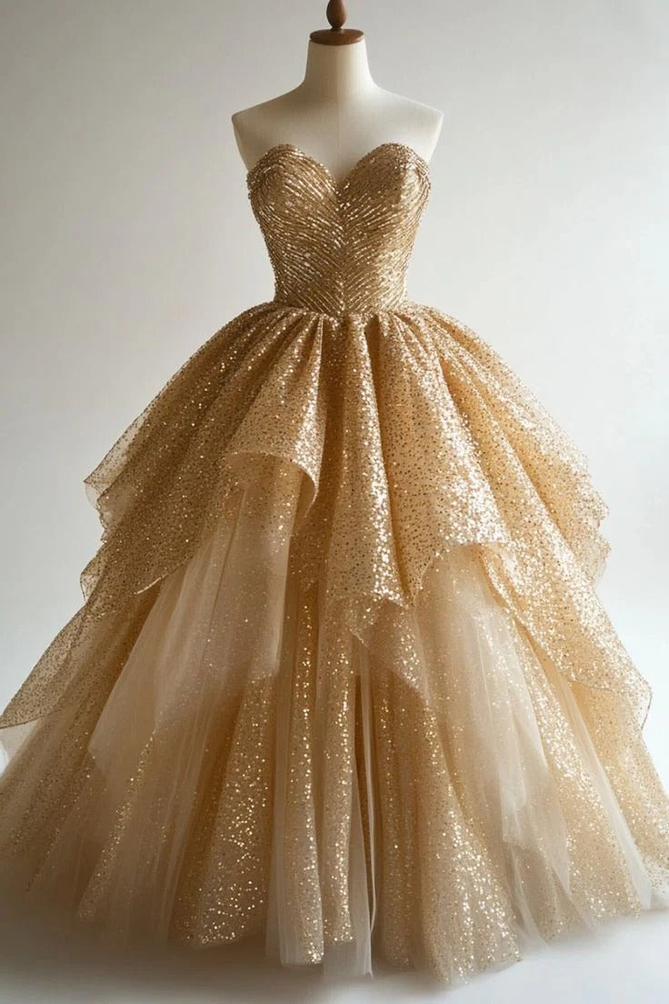 Gold Glitter Strapless Ball Gown – Sweetheart Ruffled Tulle Formal Quinceañera Dress