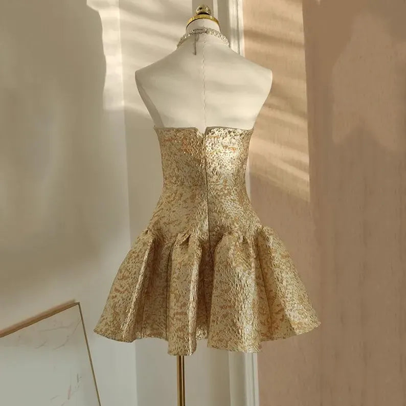 Gold Jacquard Strapless Fit-and-Flare Mini Dress – Structured Cocktail Party Gown with Back Zipper