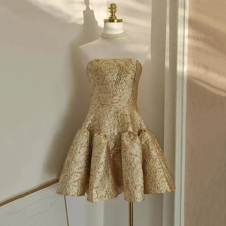 Gold Jacquard Strapless Fit-and-Flare Mini Dress – Structured Cocktail Party Gown with Back Zipper