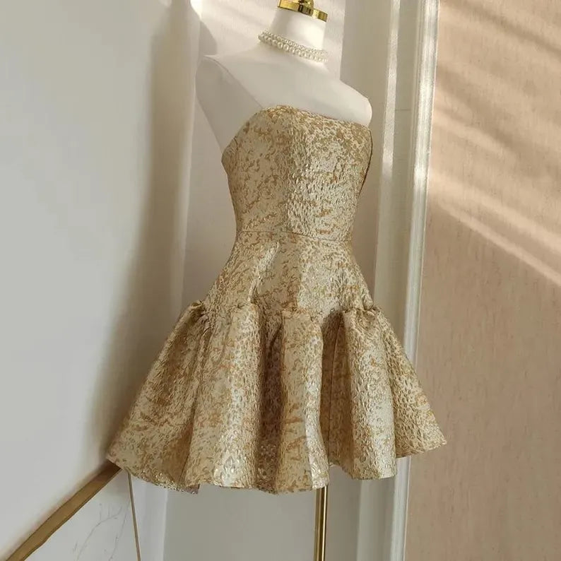Gold Jacquard Strapless Fit-and-Flare Mini Dress – Structured Cocktail Party Gown with Back Zipper