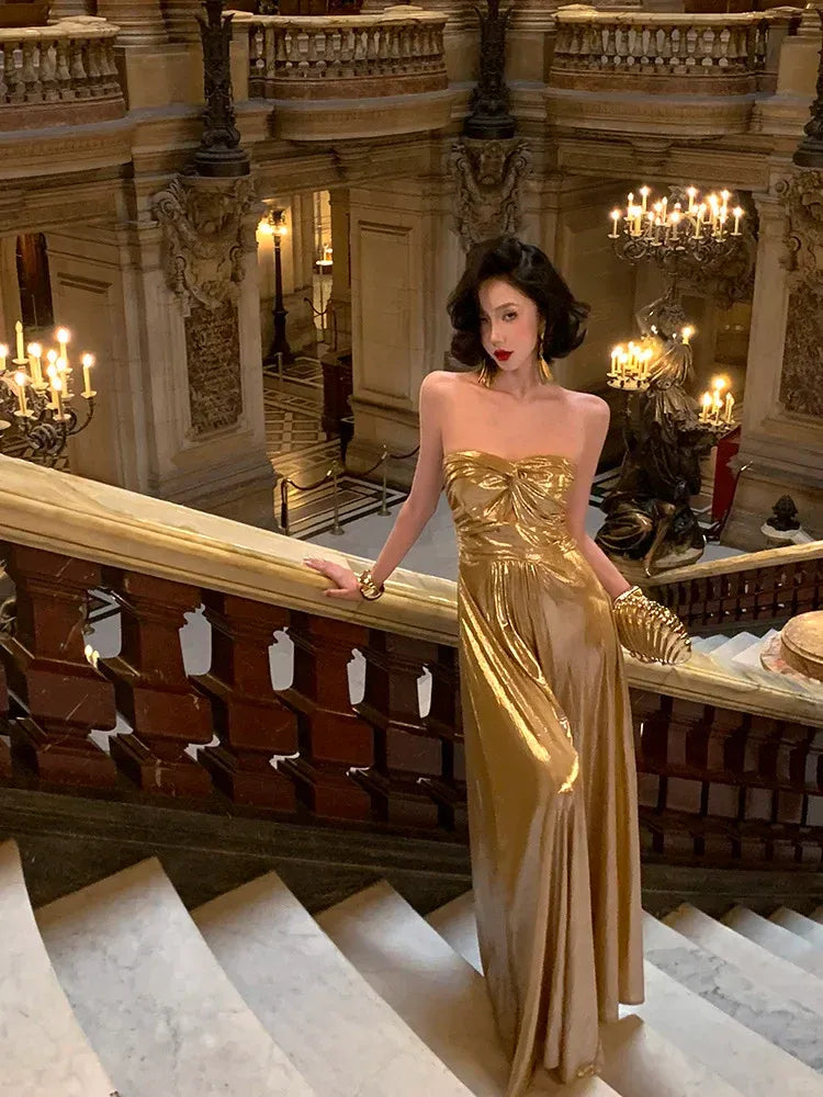 Gold Metallic Strapless Twisted Bust Maxi Gown with Train