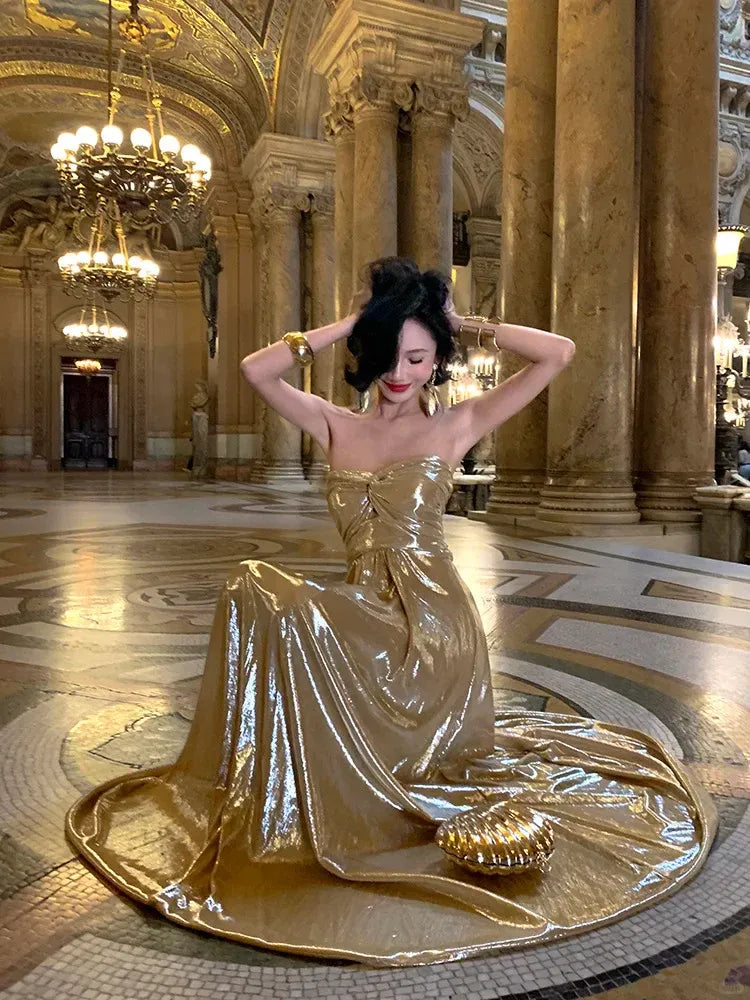 Gold Metallic Strapless Twisted Bust Maxi Gown with Train