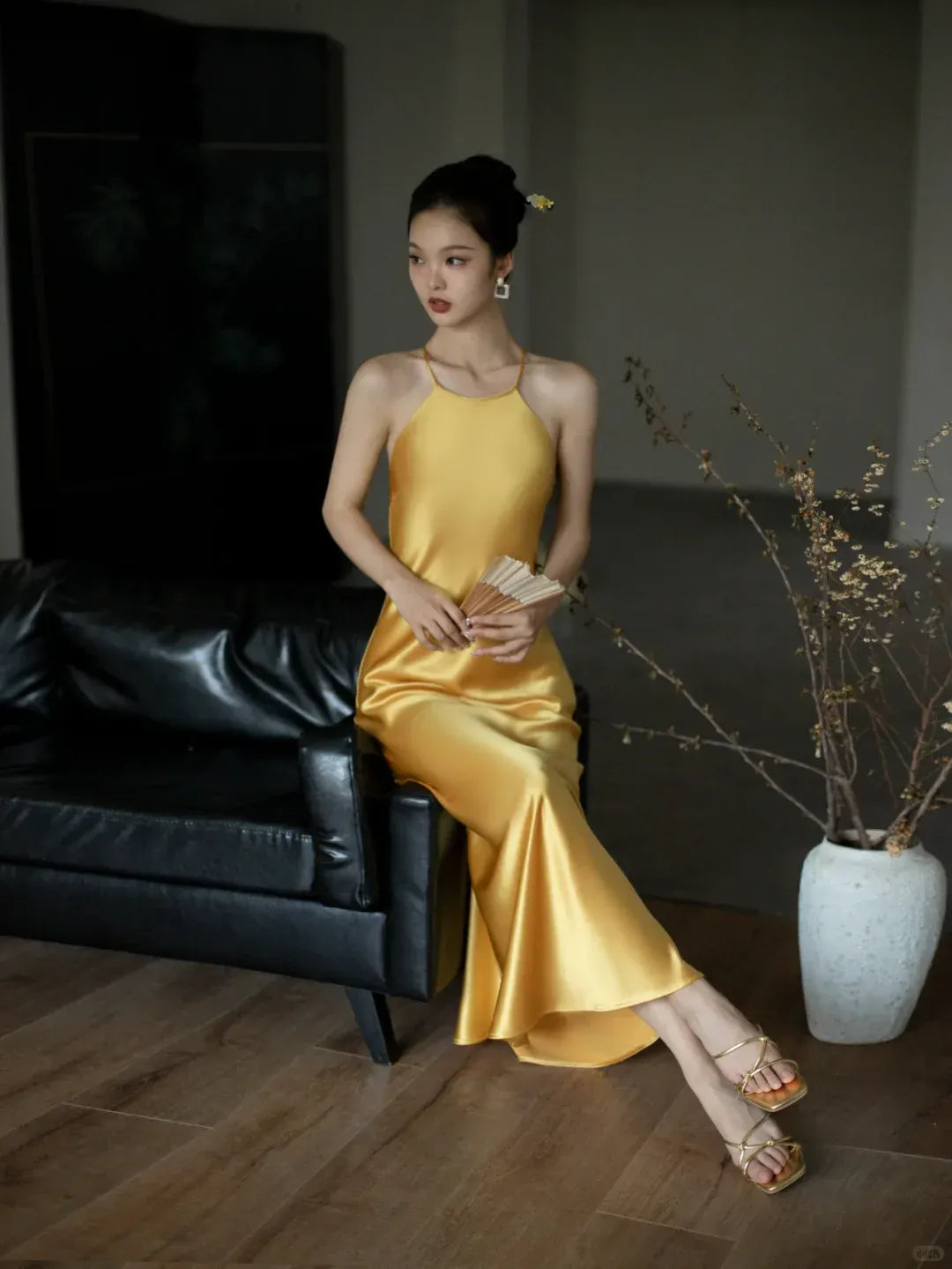 Gold Satin Halter Neck Open Back Maxi Dress