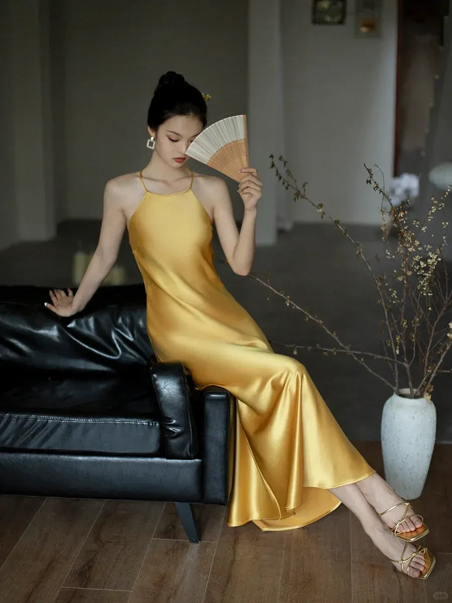 Gold Satin Halter Neck Open Back Maxi Dress