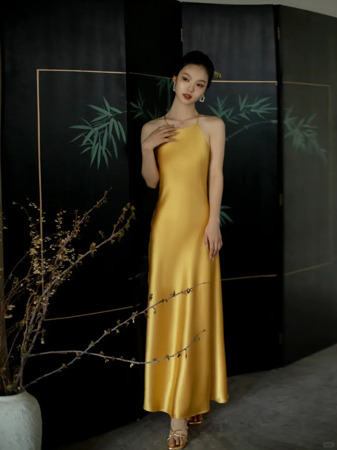 Gold Satin Halter Neck Open Back Maxi Dress
