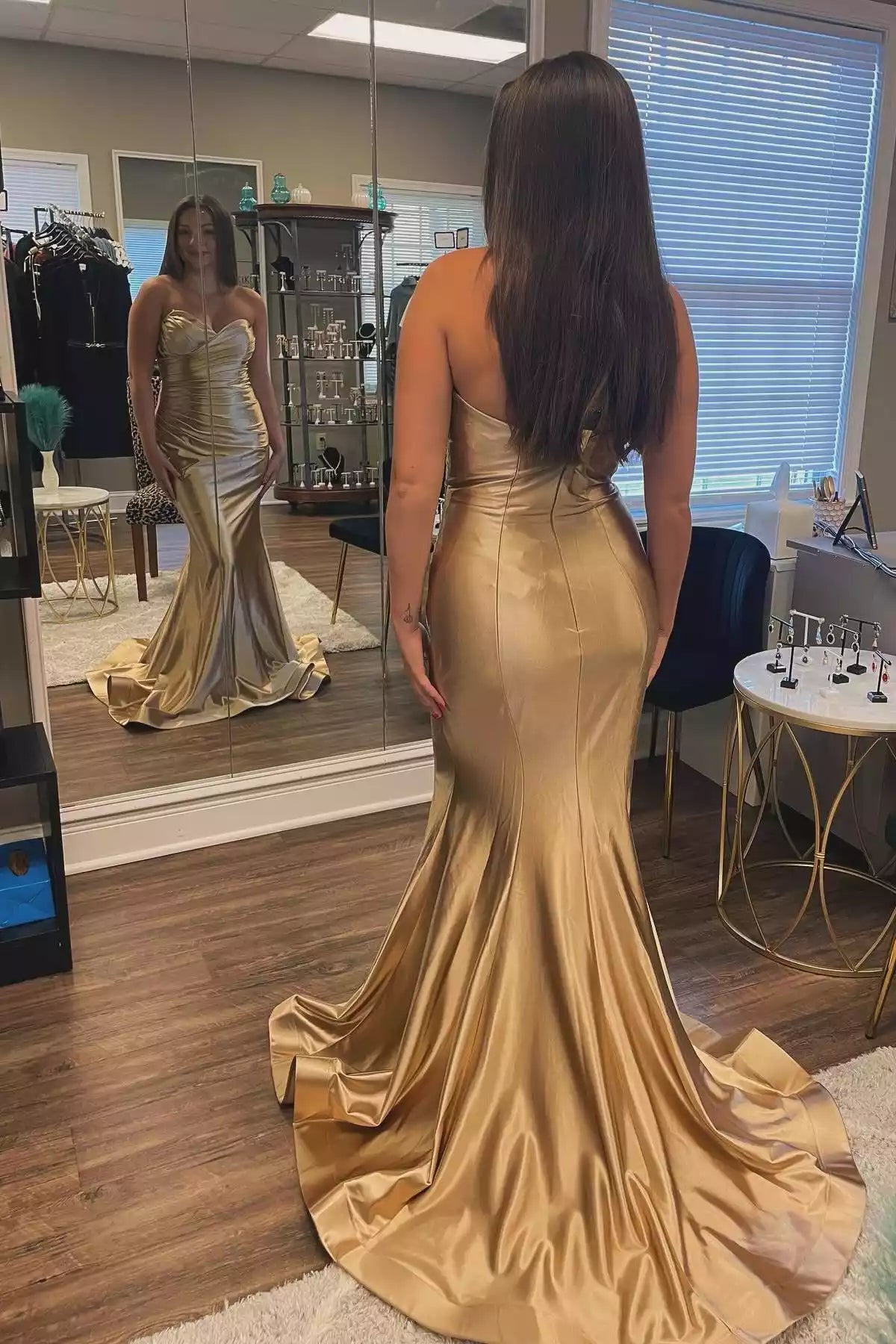 Gold Satin Strapless Mermaid Gown – Opulent & Regal Evening Party Dress