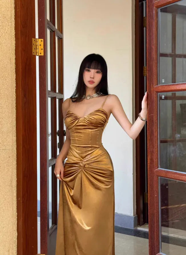 Gold Satin Twist Knot Ruched Spaghetti Strap Maxi Dress