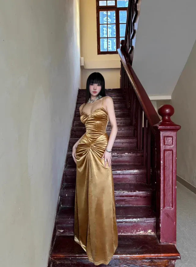 Gold Satin Twist Knot Ruched Spaghetti Strap Maxi Dress