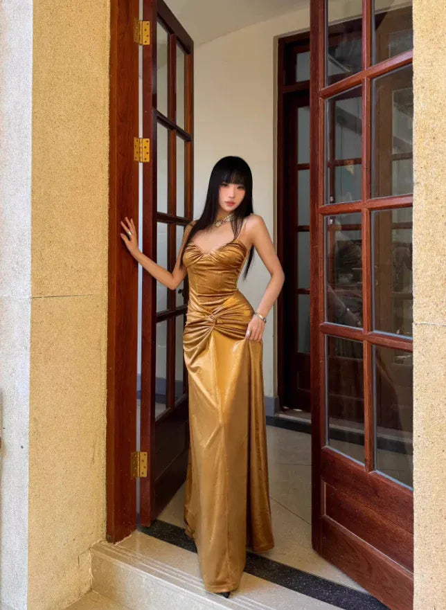 Gold Satin Twist Knot Ruched Spaghetti Strap Maxi Dress