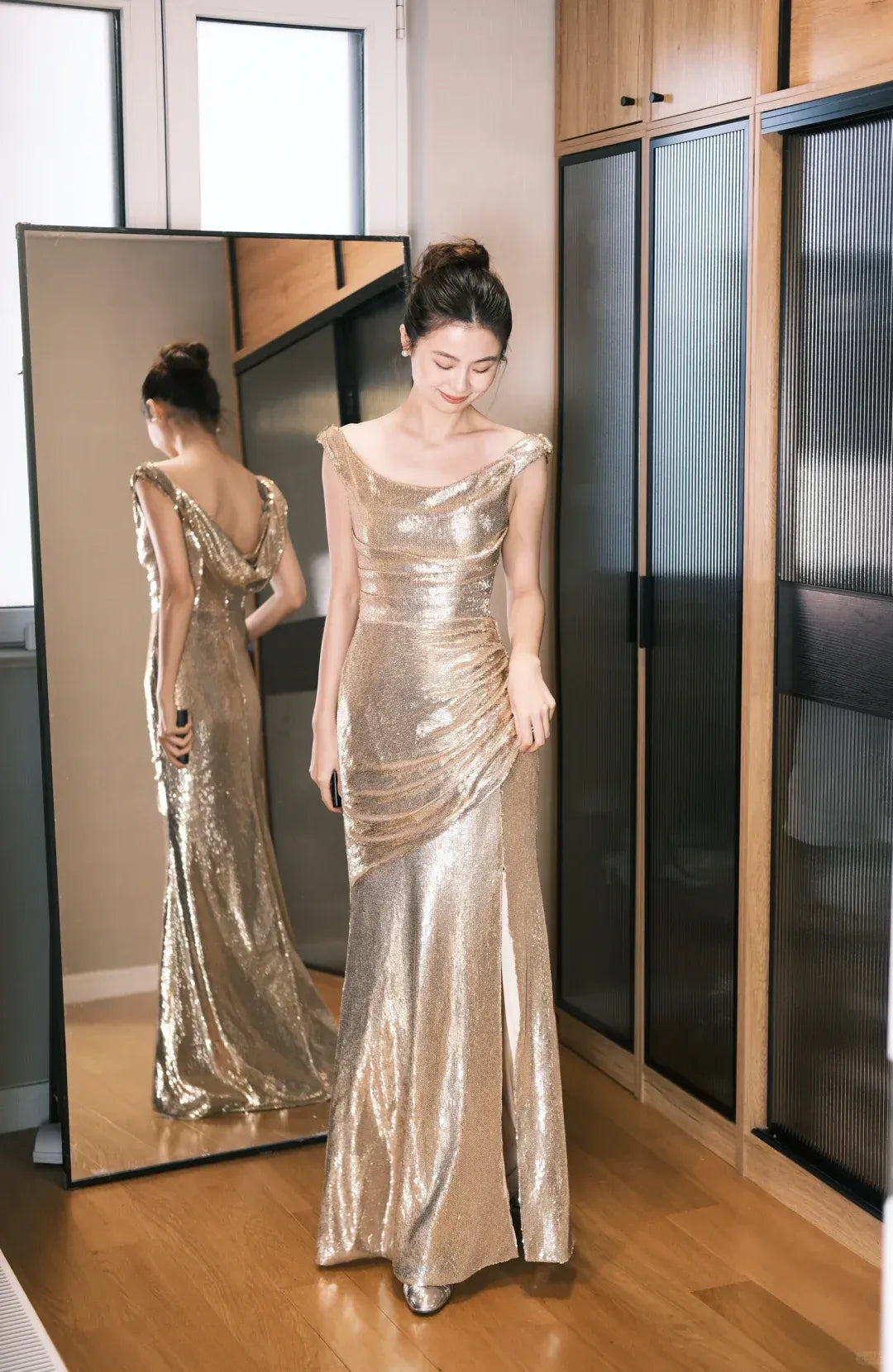 Gold Sequin Off-the-Shoulder Mermaid Gown with High Slit