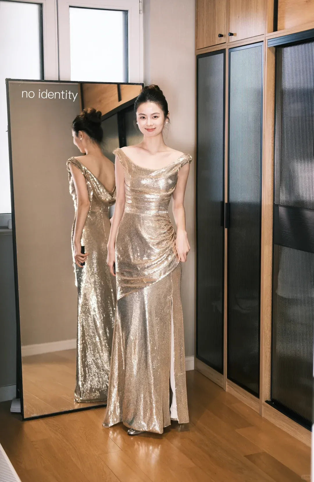 Gold Sequin Off-the-Shoulder Mermaid Gown with High Slit