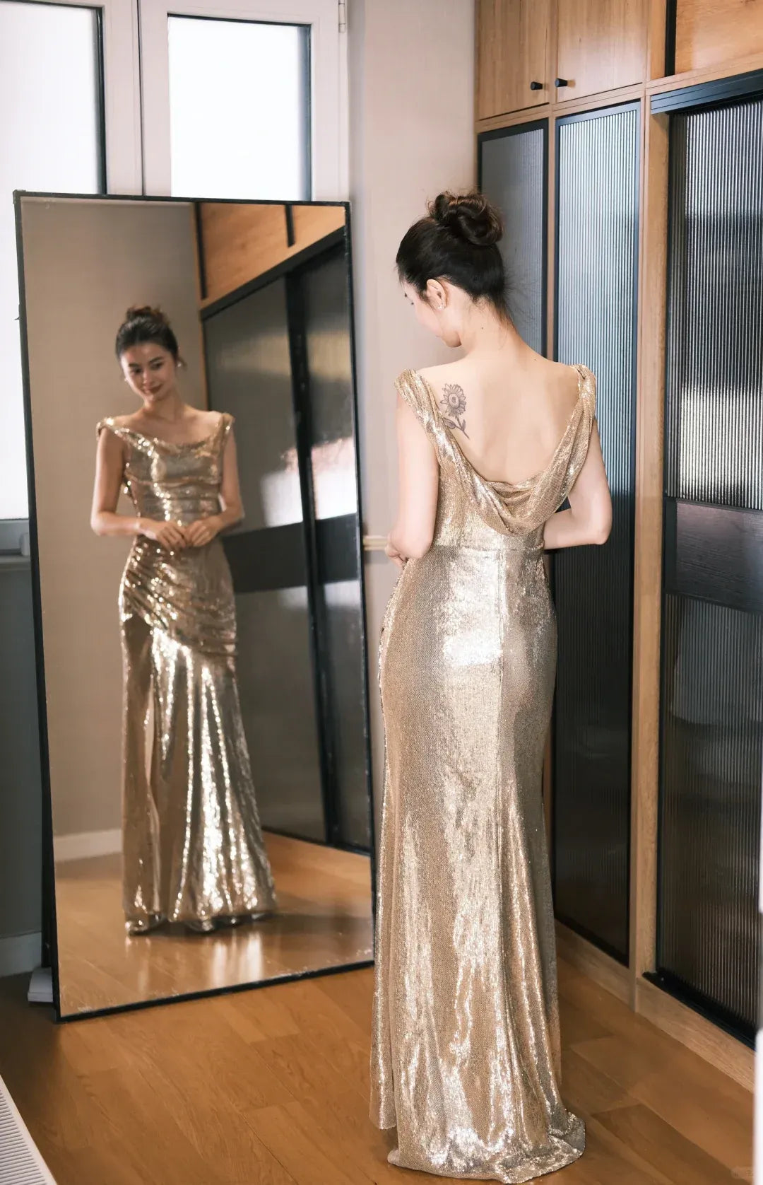 Gold Sequin Off-the-Shoulder Mermaid Gown with High Slit