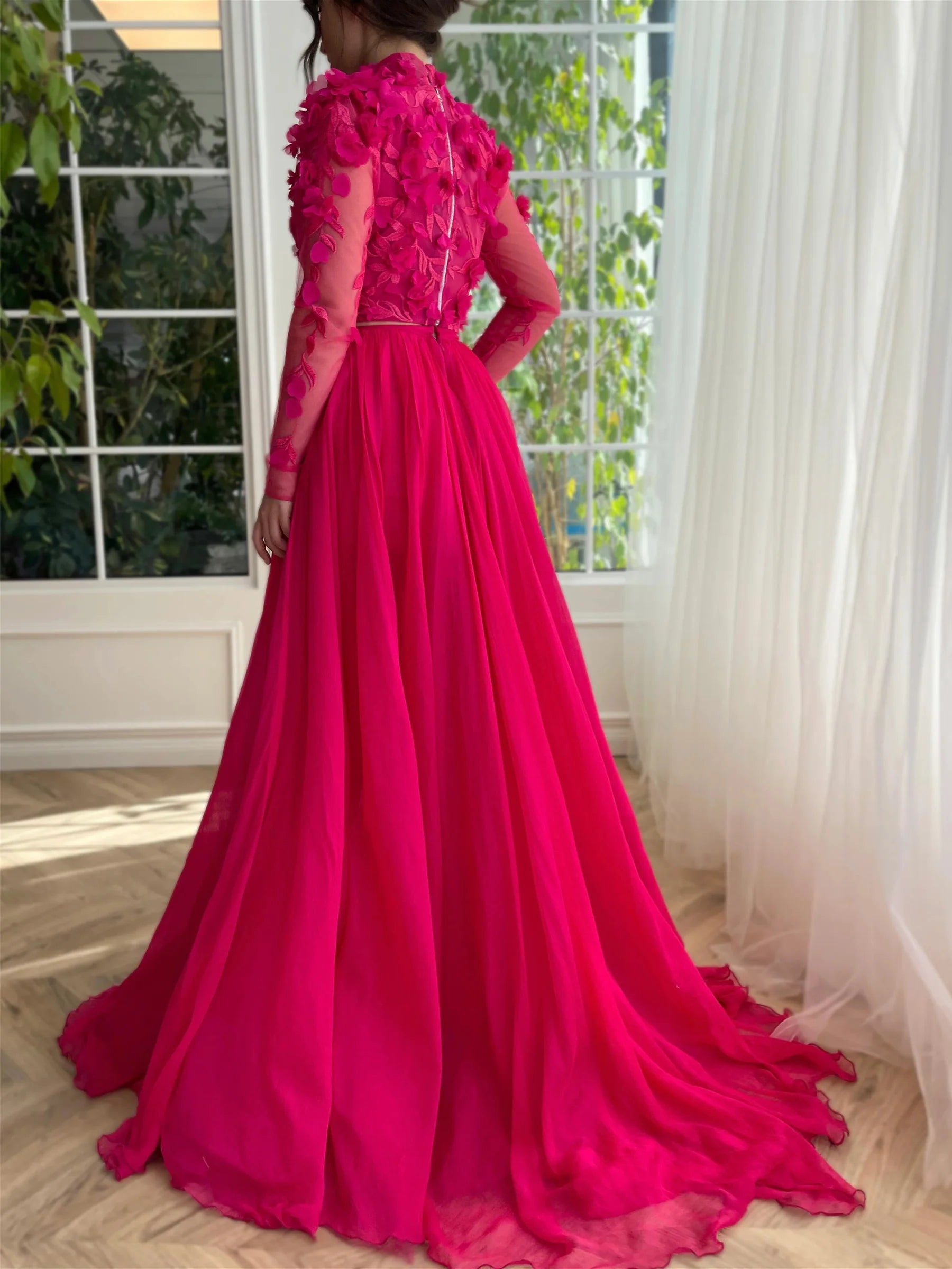 Gorgeous Two - Piece High - Neck Long - Sleeve Open - Back Floor - Length Evening Dress