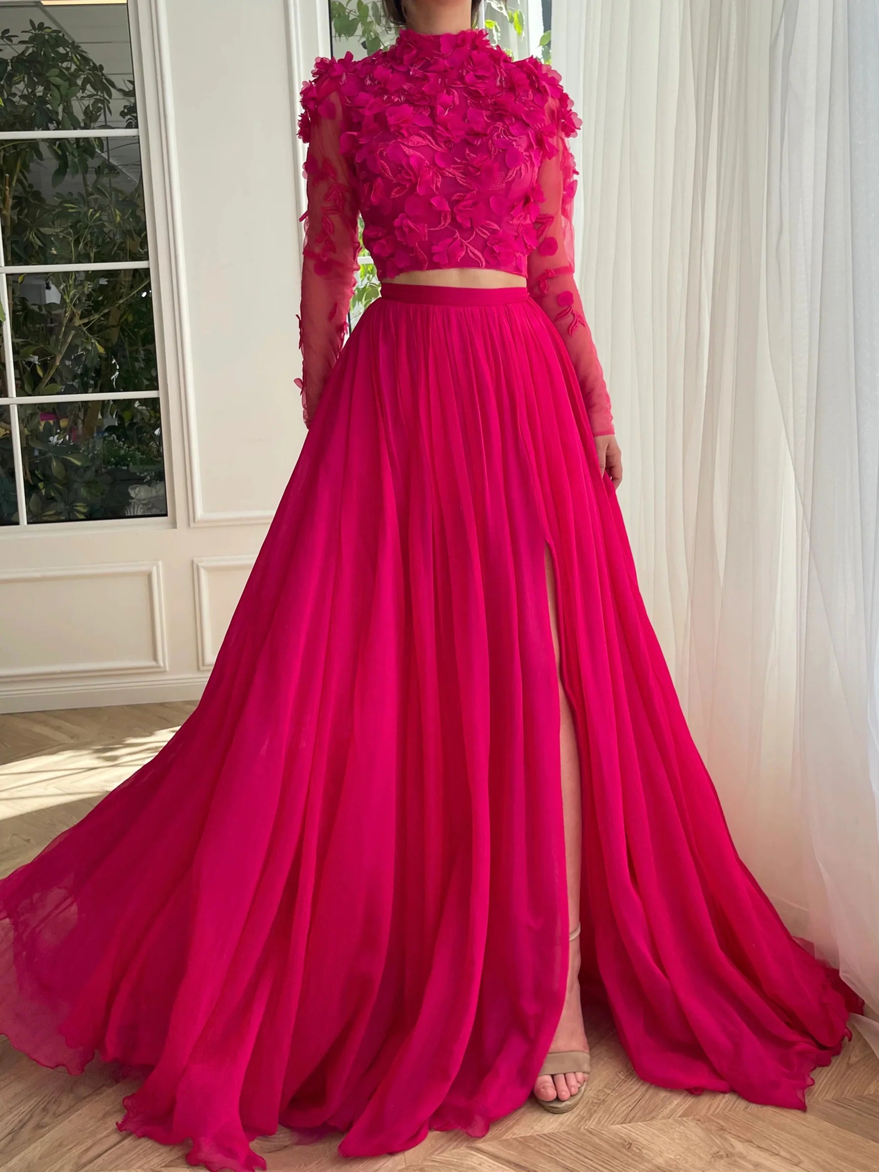 Gorgeous Two - Piece High - Neck Long - Sleeve Open - Back Floor - Length Evening Dress