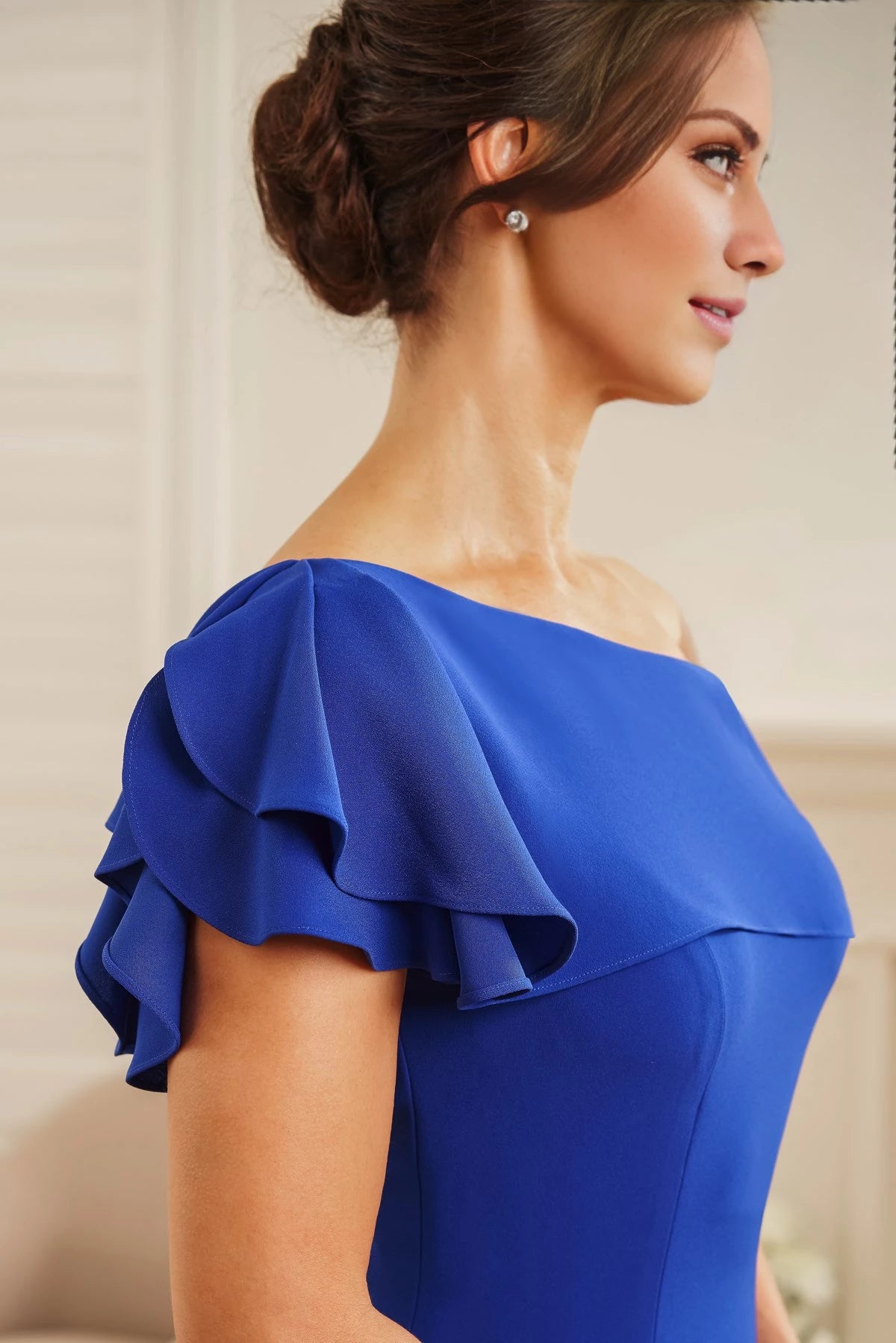Gorgeous Soft Crepe Princess Seam Fit & Flare Gown with One Shoulder Flounce Neckline and Ruffle Effect Mother of the Bride Dresses