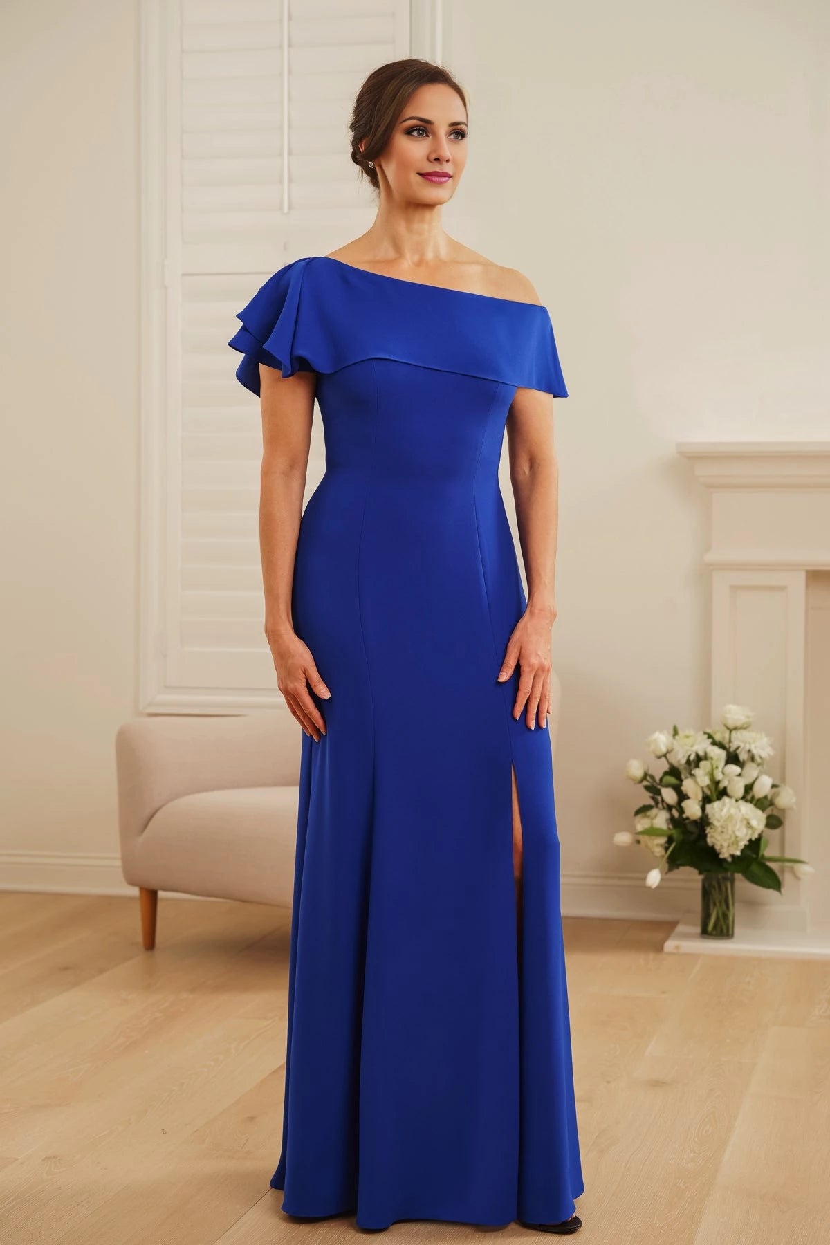 Gorgeous Soft Crepe Princess Seam Fit & Flare Gown with One Shoulder Flounce Neckline and Ruffle Effect Mother of the Bride Dresses