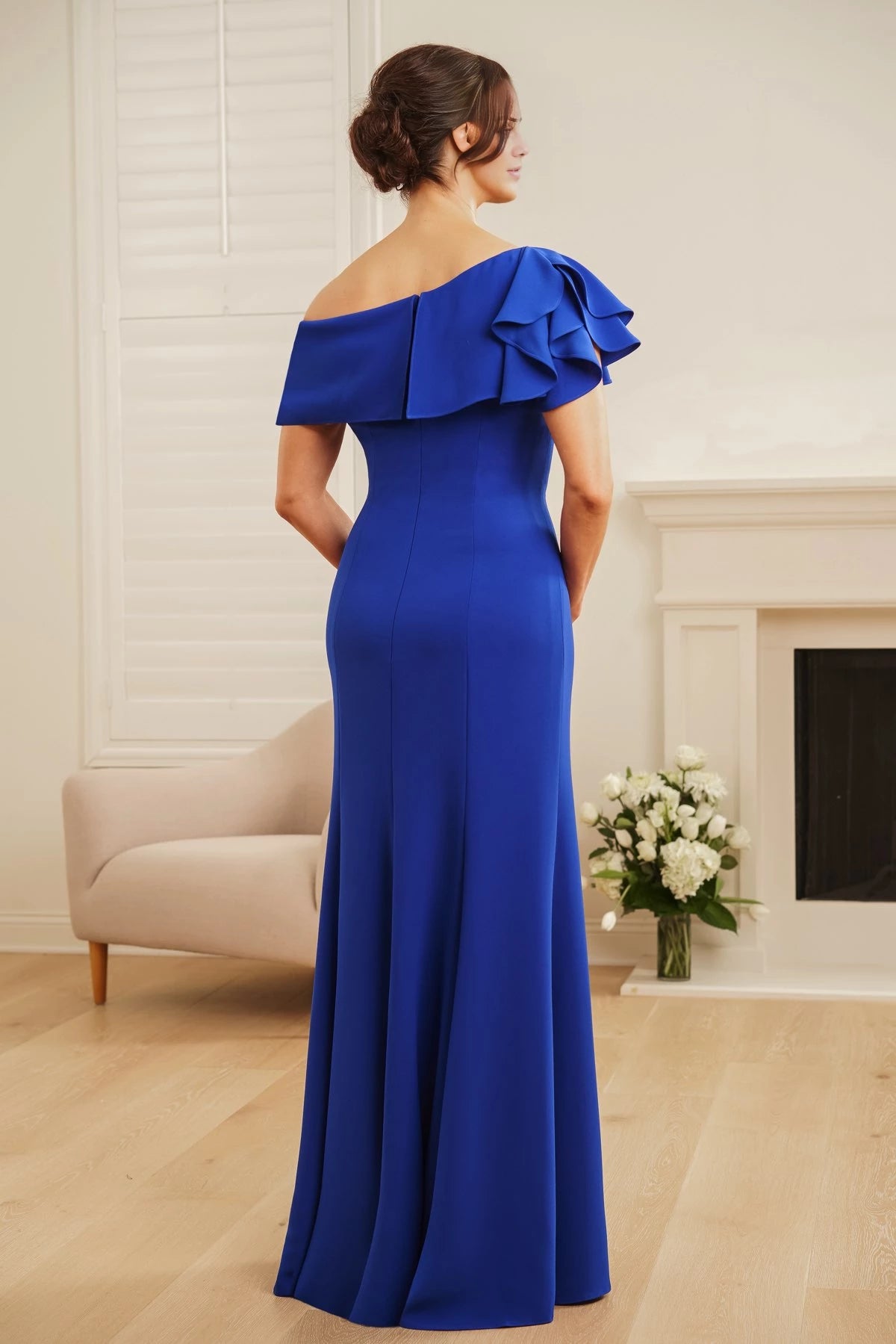 Gorgeous Soft Crepe Princess Seam Fit & Flare Gown with One Shoulder Flounce Neckline and Ruffle Effect Mother of the Bride Dresses