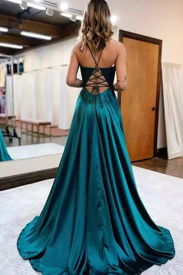 Gorgeous satin A-line V-neck lace applique with side slits, natural waistline, sleeveless lace up back, Prom Dresses