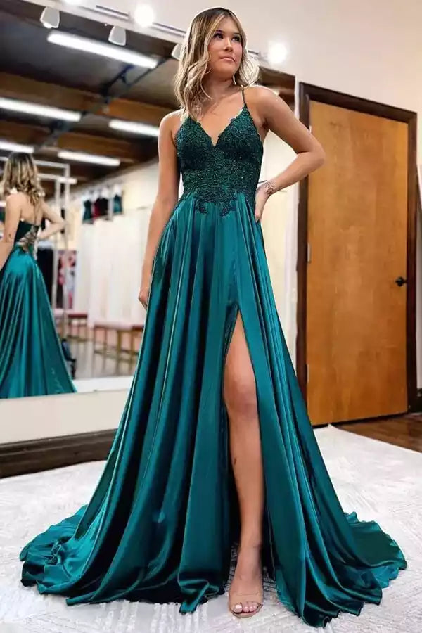 Gorgeous satin A-line V-neck lace applique with side slits, natural waistline, sleeveless lace up back, Prom Dresses