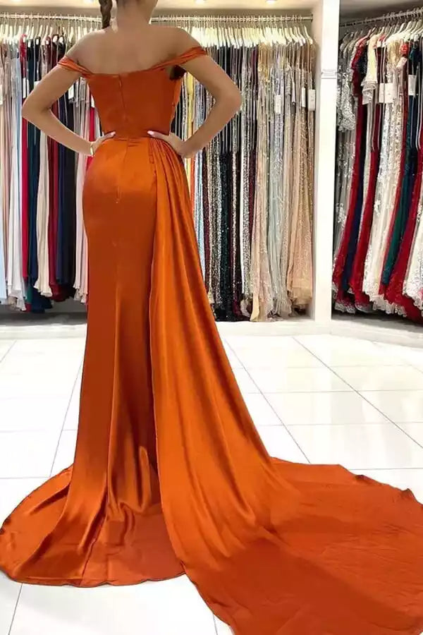 Gorgeous satin mermaid slit with natural waistline, invisible zipper and floor Prom Dresses