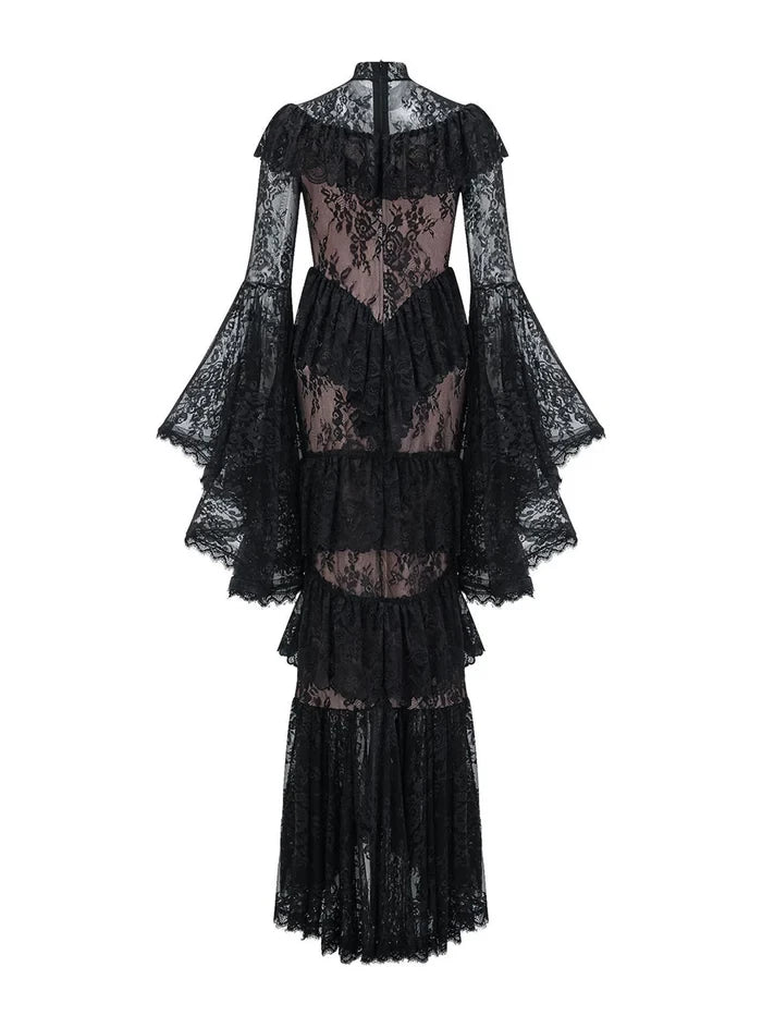 Gothic A - Line High Neck Bell Sleeve Zipper Back Floor Length Prom Dresses