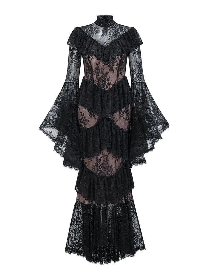 Gothic A - Line High Neck Bell Sleeve Zipper Back Floor Length Prom Dresses