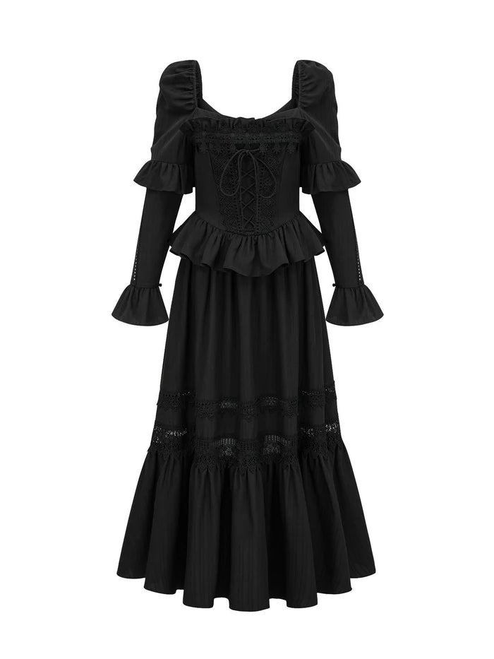 Gothic A - Line Square Neck Ruffled Long Sleeve Zipper Back Long Length Prom Dresses