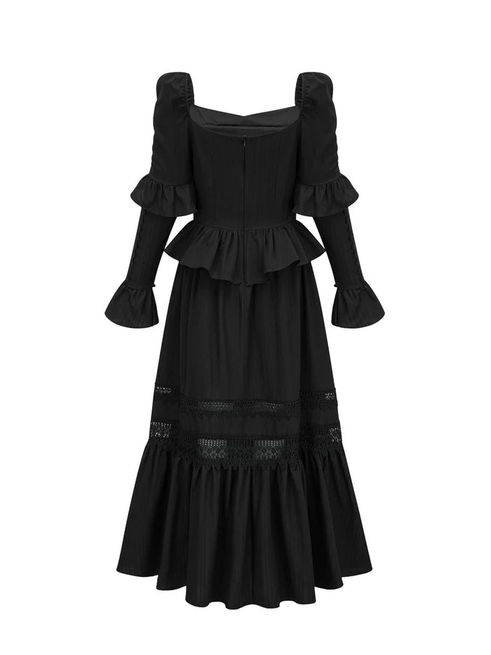 Gothic A - Line Square Neck Ruffled Long Sleeve Zipper Back Long Length Prom Dresses