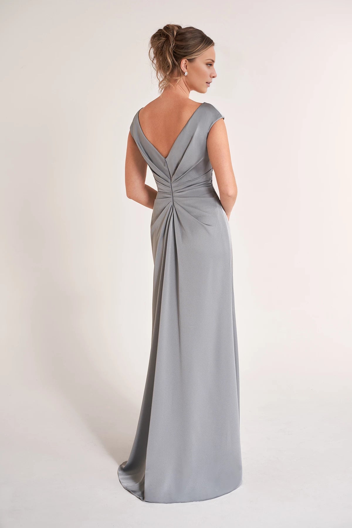 Graceful Crepe Back Charmeuse Fit and Flare Gown with Cap sleeves and Side Ruffles Mother of the Bride Dresses