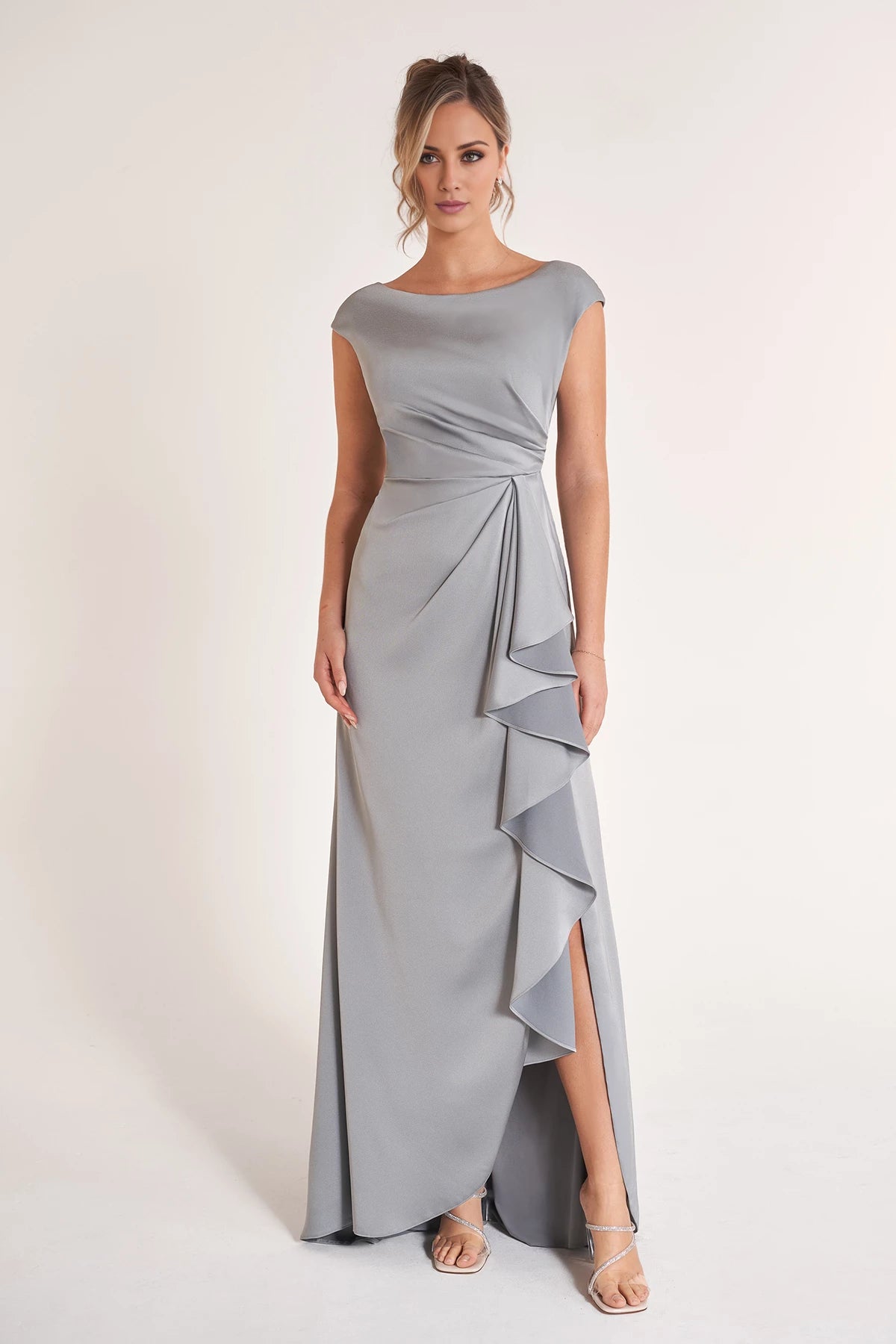 Graceful Crepe Back Charmeuse Fit and Flare Gown with Cap sleeves and Side Ruffles Mother of the Bride Dresses
